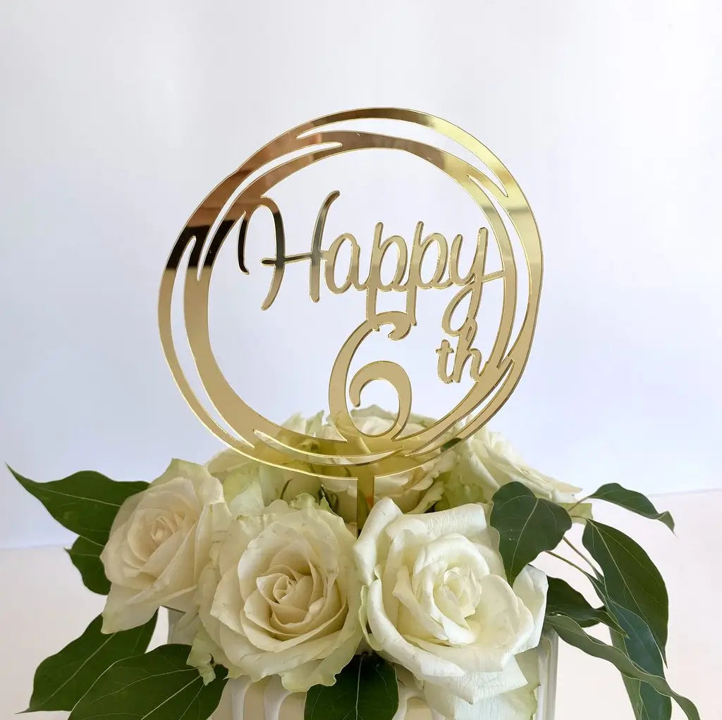 Acrylic Gold Mirror Happy 6th Birthday Geometric Circle Cake Topper