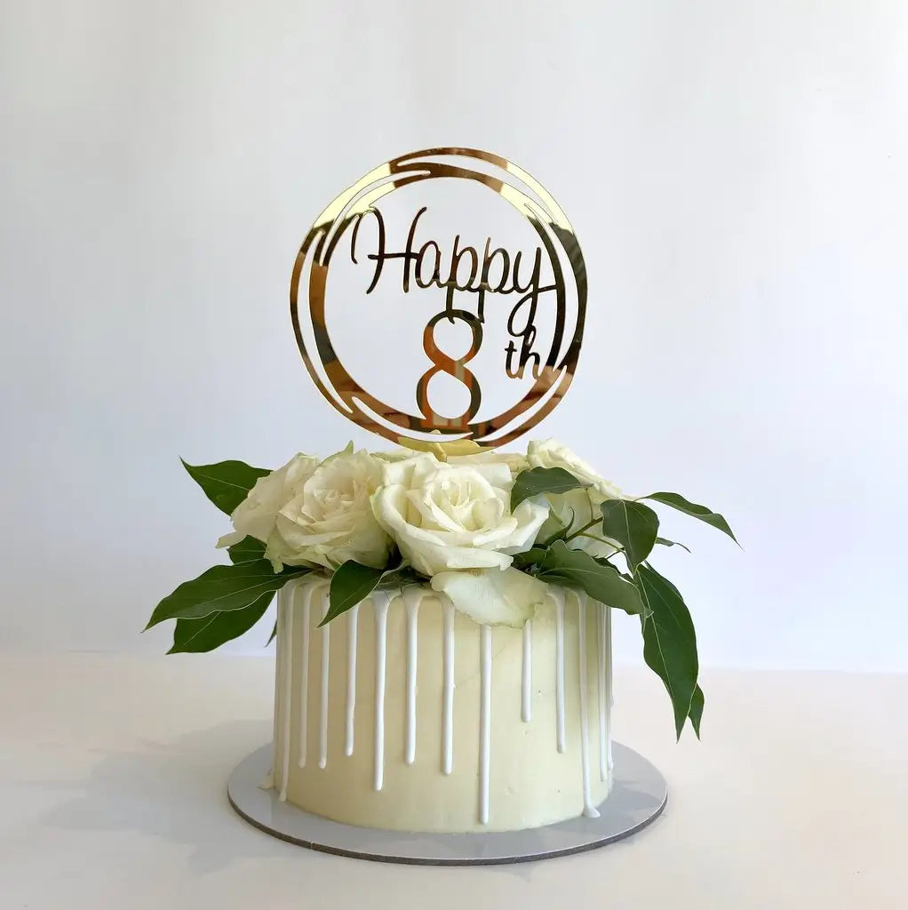 Acrylic Gold Mirror Happy 8th Birthday Geometric Circle Cake Topper