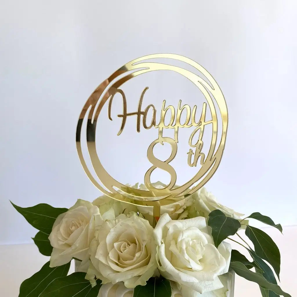 Acrylic Gold Mirror Happy 8th Birthday Geometric Circle Cake Topper