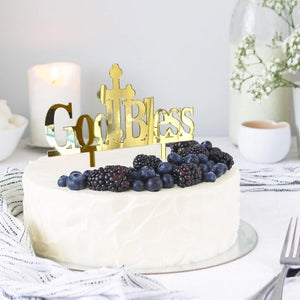 Acrylic Gold Mirror God Blessed Cross Cake Topper - Christening / Baptism / Baby Shower Cake Decorations