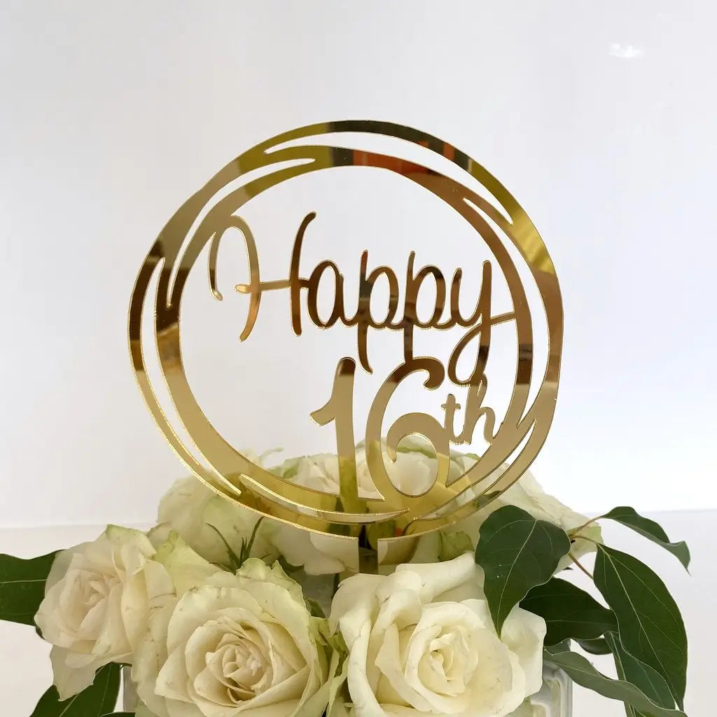 Online Party Supplies Australia gold mirror geometric circle Happy 16th birthday cake topper