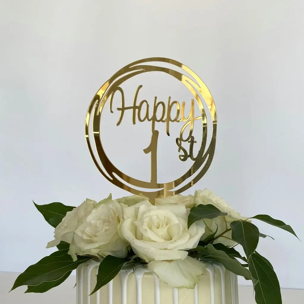 Acrylic Gold Mirror Happy 1st Birthday Geometric Circle Cake Topper