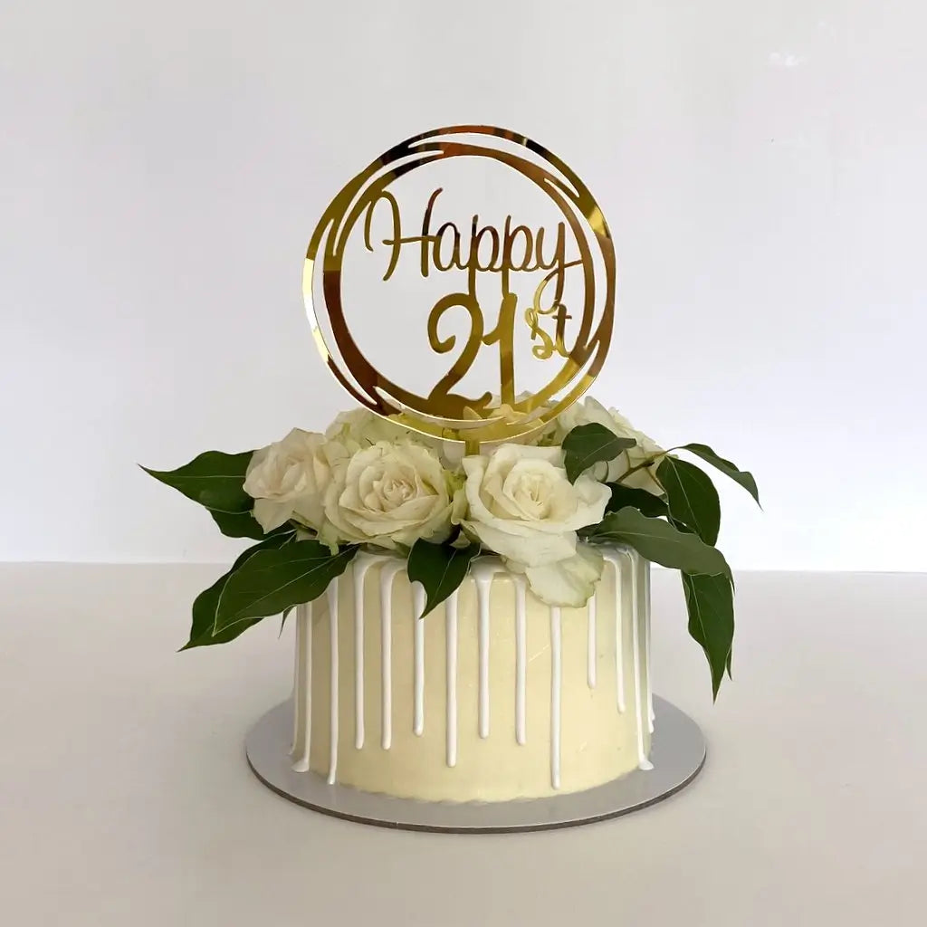 Acrylic Gold Mirror Happy 21st Geometric Round birthday Cake Topper