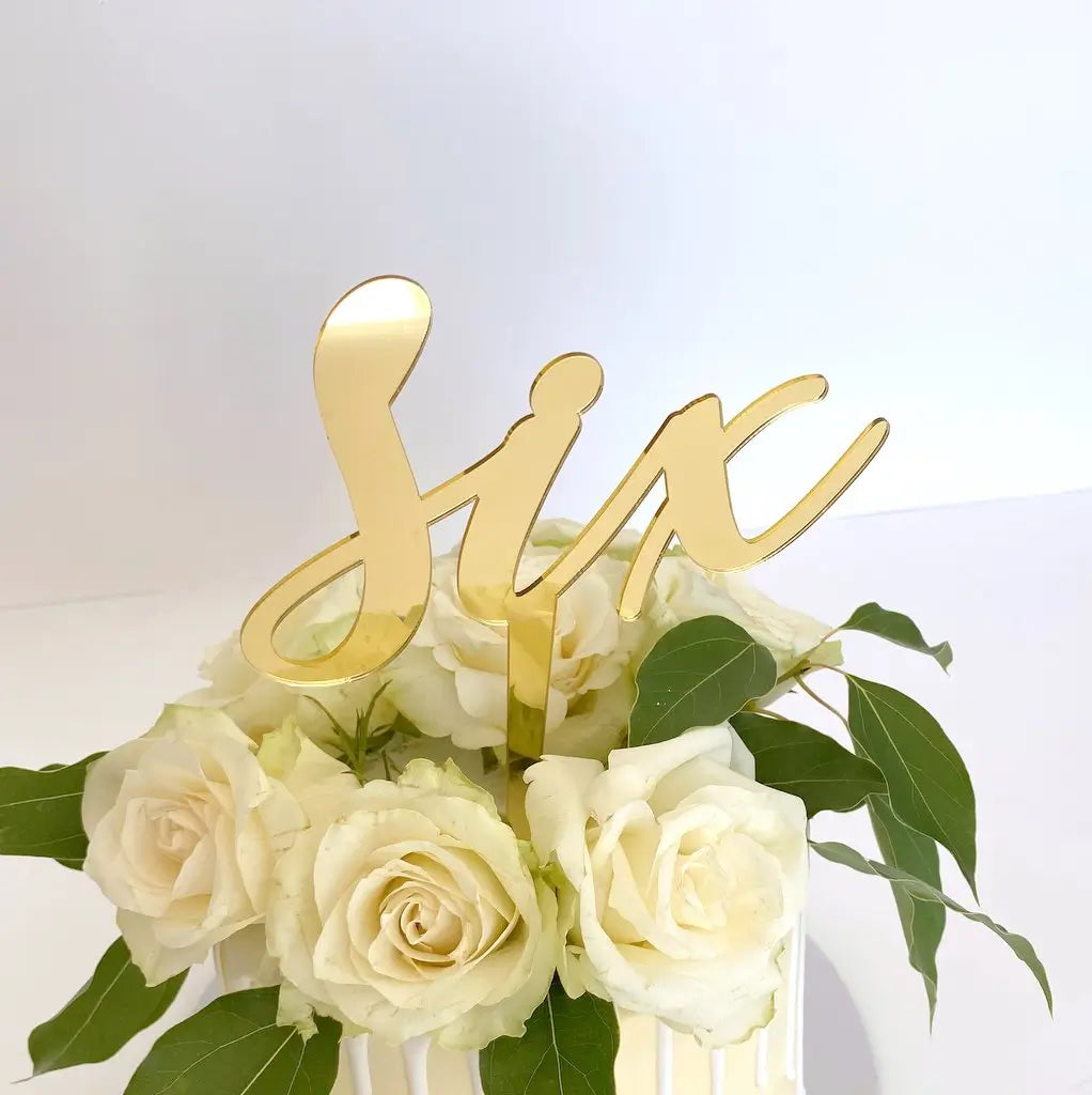 Acrylic Gold Mirror 'six' Script Birthday Cake Topper