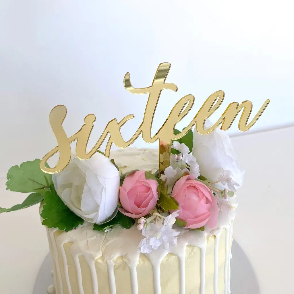 Acrylic Gold Mirror 'Sixteen' Cake Topper - 16th Birthday Party Cake Decorations