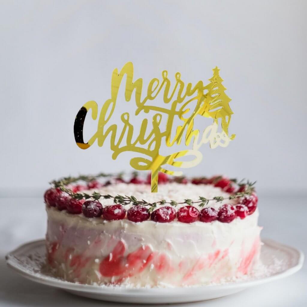 Gold Mirror Acrylic Merry Christmas with Xmas Tree Cake Topper