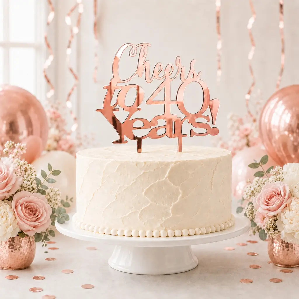 Rose Gold Acrylic 'Cheers to 40 Years!' Cake Topper