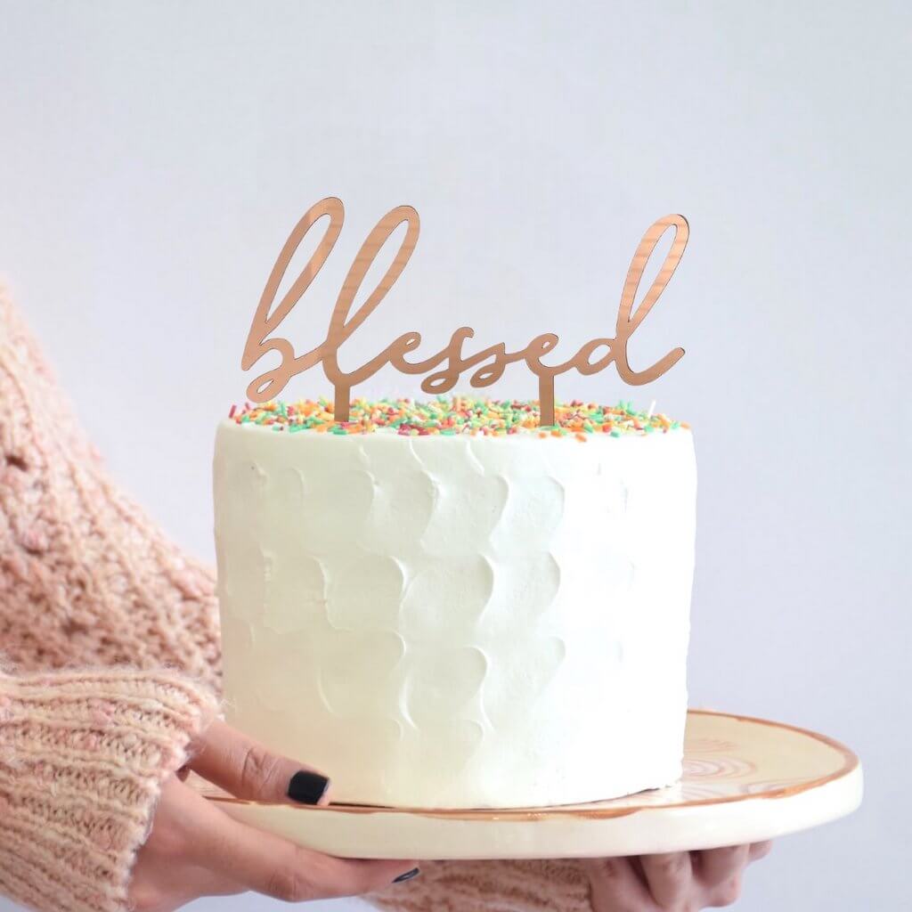Acrylic Rose Gold Mirror 'blessed' Cake Topper - Christening / Baptism / Baby Shower Cake Decorations