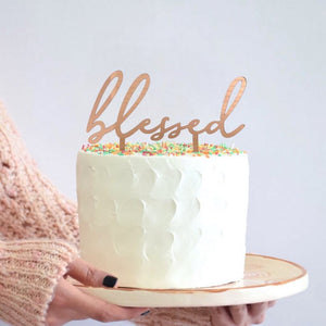 Acrylic Rose Gold Mirror 'blessed' Cake Topper - Christening / Baptism / Baby Shower Cake Decorations