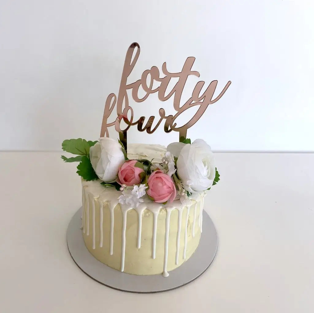 Acrylic Rose Gold 'forty four' Script birthday Cake Topper