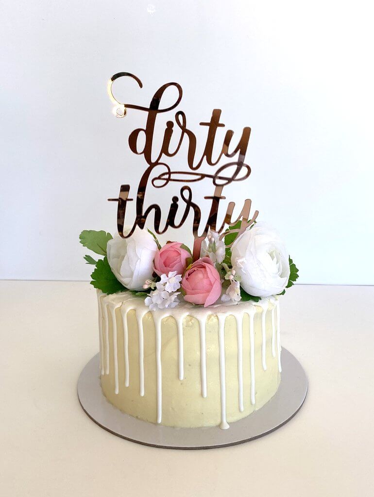 Acrylic Rose Gold Mirror 'dirty thirty' Script Birthday Cake Topper