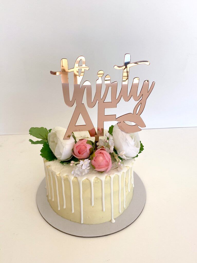 Acrylic Rose Gold 'thirty AF' Funny Naughty 30th Birthday Cake Topper