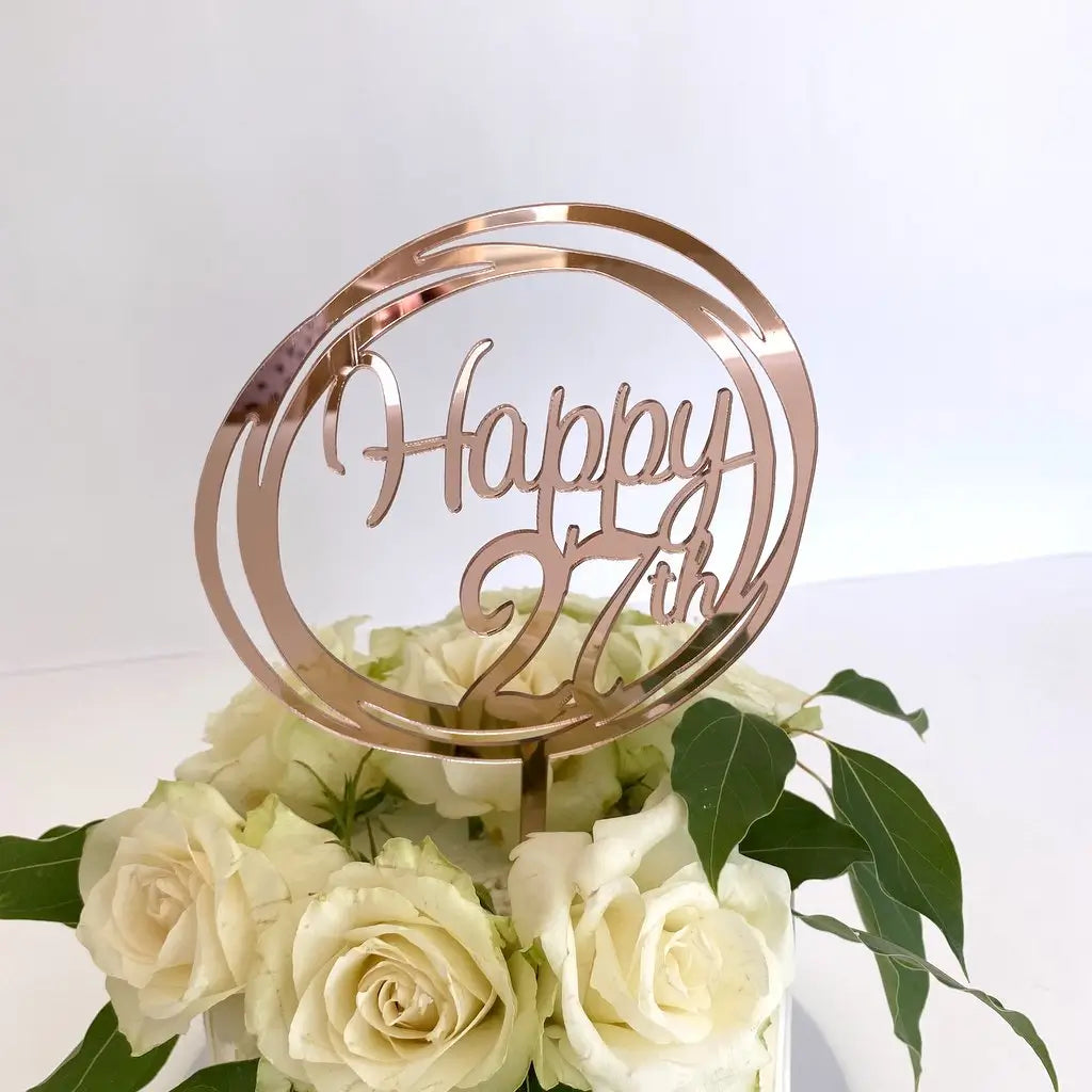 Acrylic Rose Gold Mirror Happy 27th Birthday Geometric Circle Cake Topper