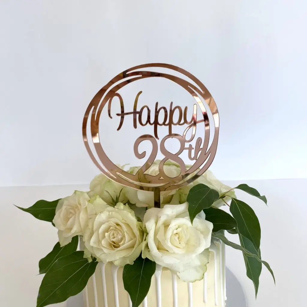 Acrylic Rose Gold Mirror Happy 28th Birthday Geometric Circle Cake Topper