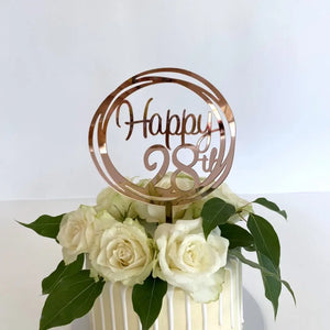 Acrylic Rose Gold Mirror Happy 28th Birthday Geometric Circle Cake Topper