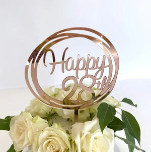 Acrylic Rose Gold Mirror Happy 28th Birthday Geometric Circle Cake Topper