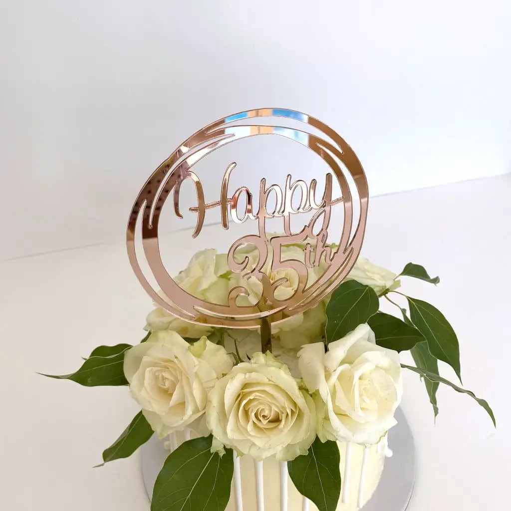 Acrylic Rose Gold Mirror Geometric Circle Happy 35th birthday Cake Topper