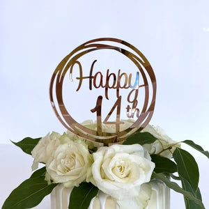 Acrylic Rose Gold Mirror Happy 14th Birthday Geometric Circle Cake Topper