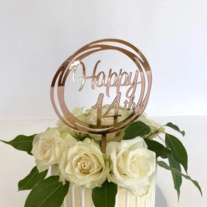 Acrylic Rose Gold Mirror Happy 14th Birthday Geometric Circle Cake Topper