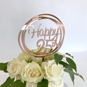 Acrylic Rose Gold Mirror Happy 25th Birthday Geometric Circle Cake Topper