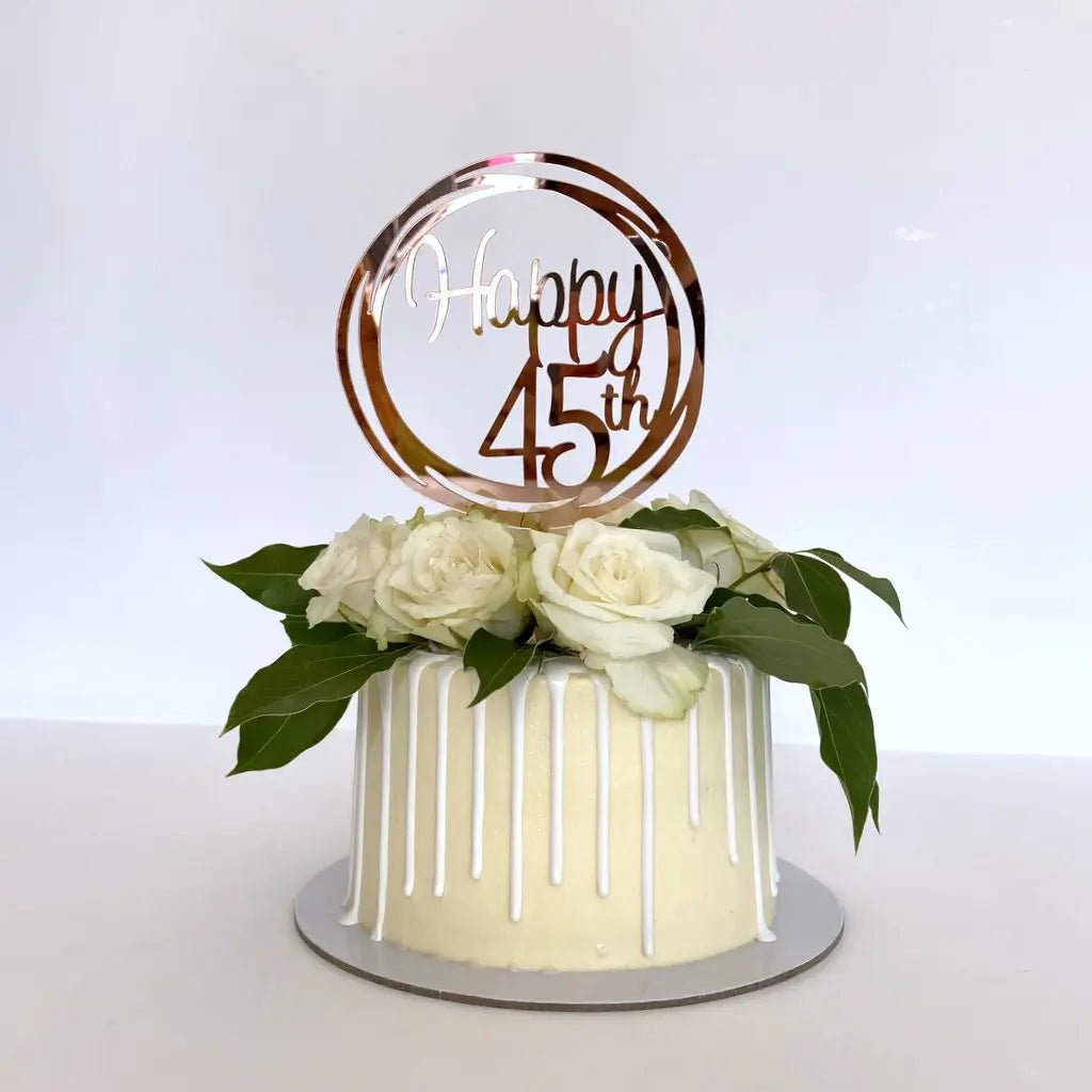 Acrylic Rose Gold Mirror Happy 45th Birthday Geometric Circle Cake Topper