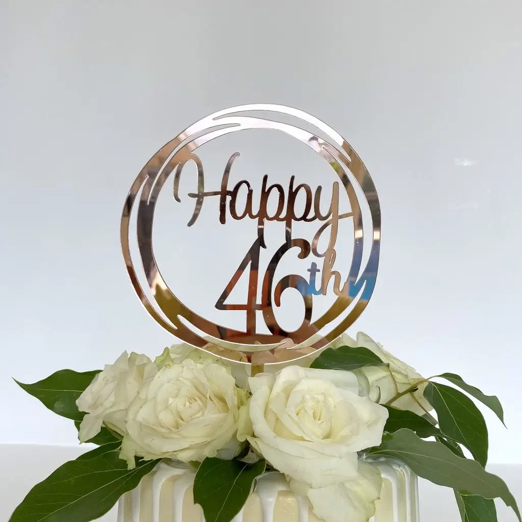 Acrylic Rose Gold Mirror Happy 46th Birthday Geometric Circle Cake Topper