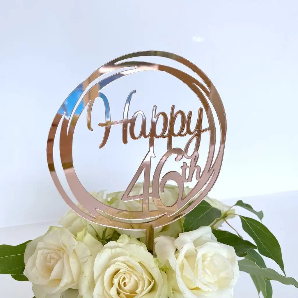 Acrylic Rose Gold Mirror Happy 46th Birthday Geometric Circle Cake Topper