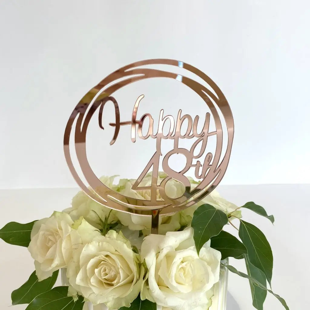 Acrylic Rose Gold Mirror Happy 48th Birthday Geometric Circle Cake Topper