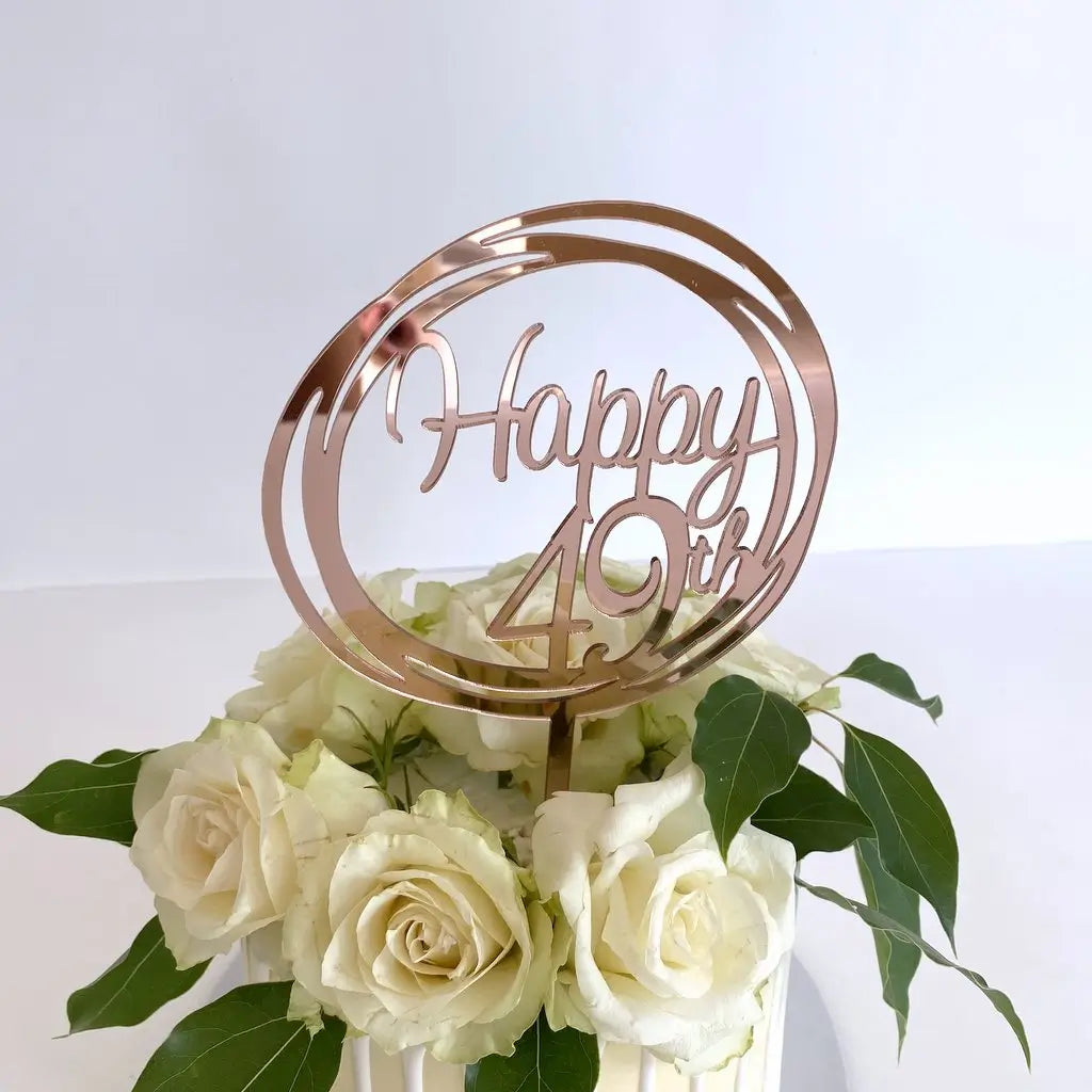 Acrylic Rose Gold Mirror Happy 49th Birthday Geometric Circle Cake Topper