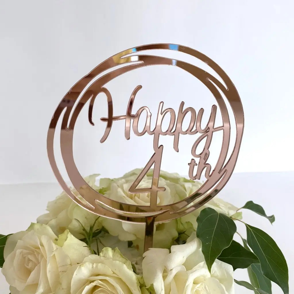 Acrylic Rose Gold 'Happy 4th' Birthday Cake Topper