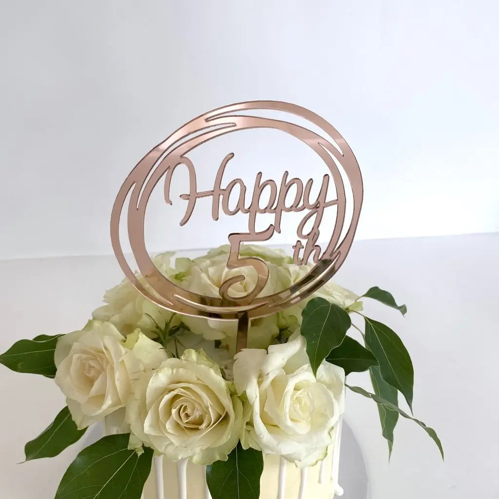 Acrylic Rose Gold 'Happy 5th' Birthday Cake Topper