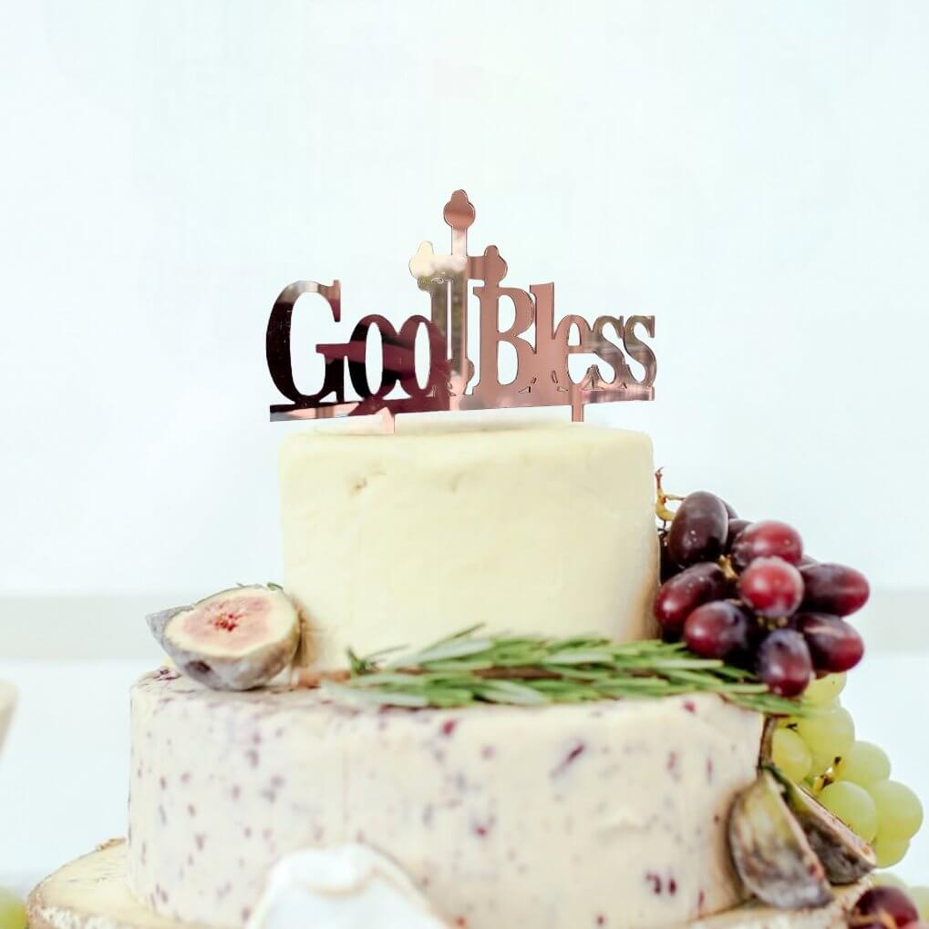 Acrylic Rose Gold Mirror God Blessed Cross Cake Topper - Christening / Baptism / Baby Shower Cake Decorations