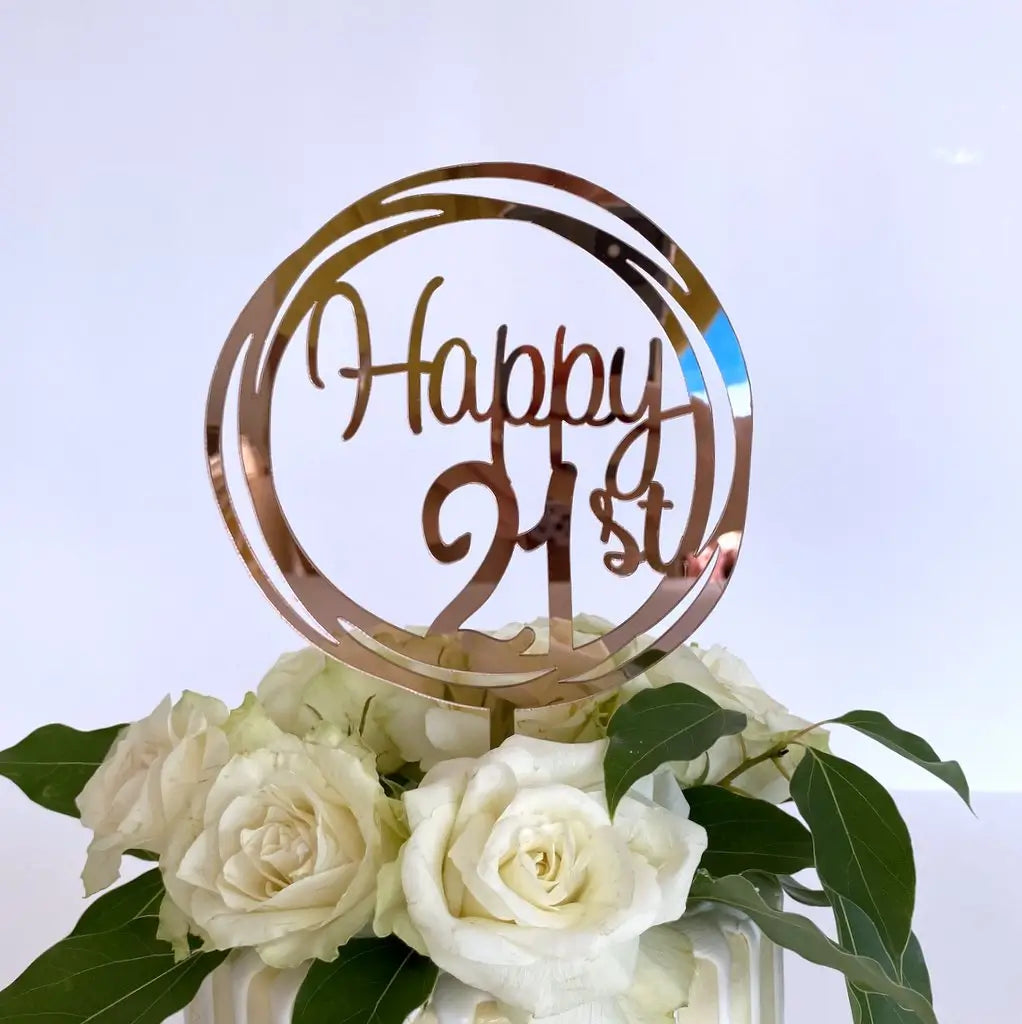 Acrylic Rose Gold Mirror Happy 21st Geometric Round birthday Cake Topper