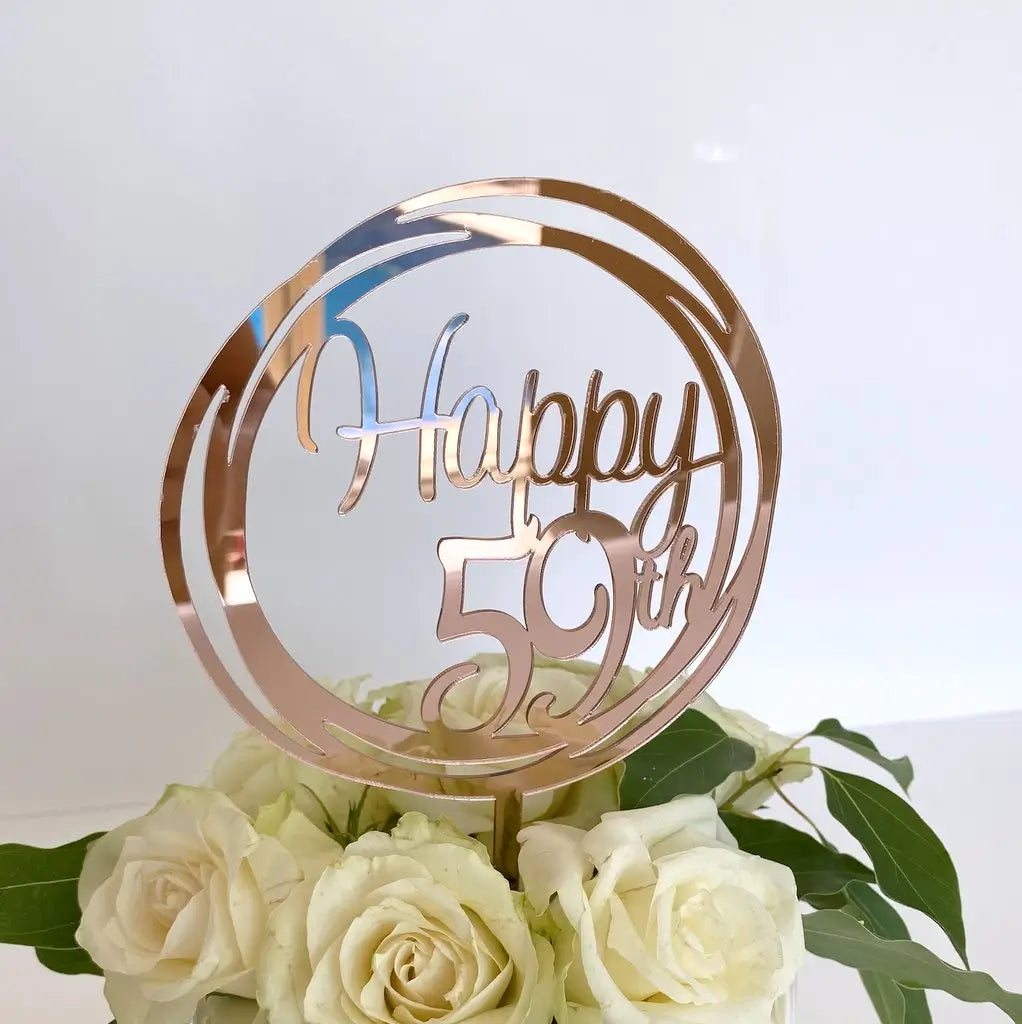 Acrylic Rose Gold Geometric 'Happy 59th' birthday Cake Topper