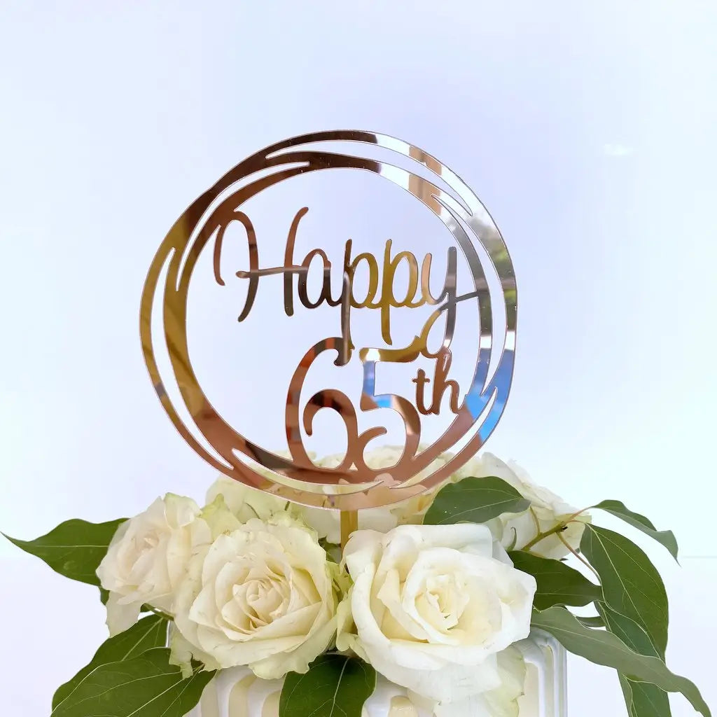 Acrylic Rose Gold Geometric Circle Happy 65th birthday Cake Topper