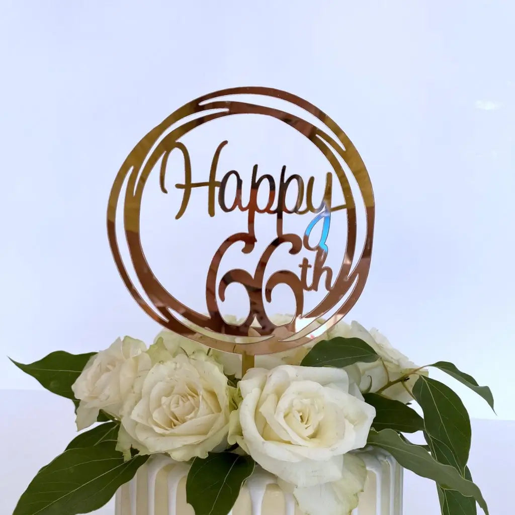 Acrylic Rose Gold Geometric 'Happy 66th' Cake Topper