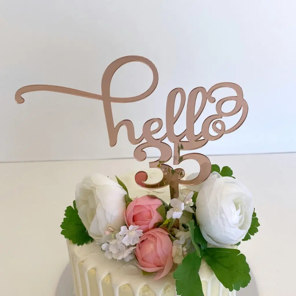 Acrylic Rose Gold Mirror Hello 35 Birthday Cake Topper