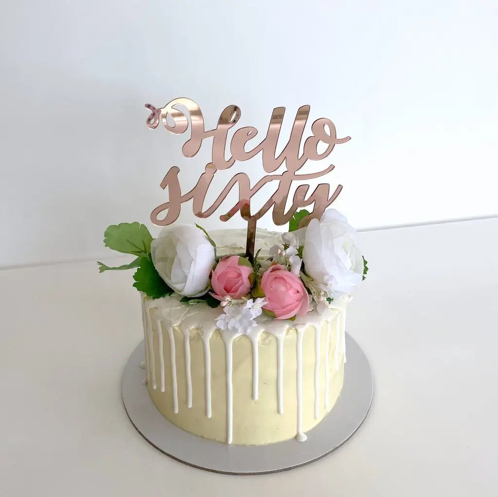Acrylic Rose Gold Mirror 'Hello Sixty' Happy 60th Birthday Cake Topper
