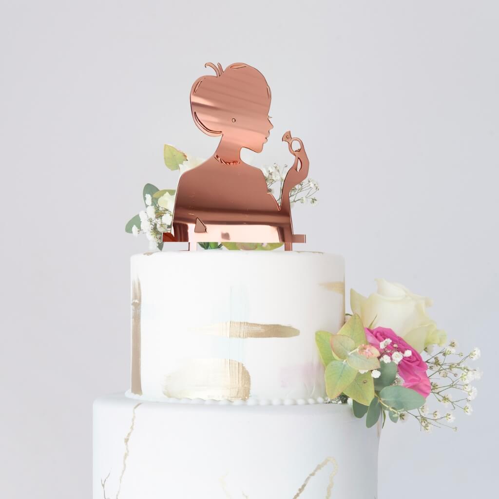 Acrylic Rose Gold Silhouette Bride Holding a Ring wedding Cake Topper