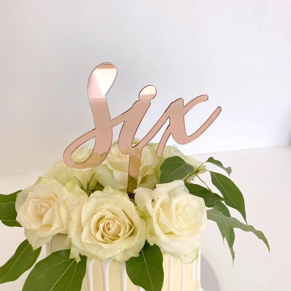 Acrylic Rose Gold Mirror 'six' Script Birthday Cake Topper