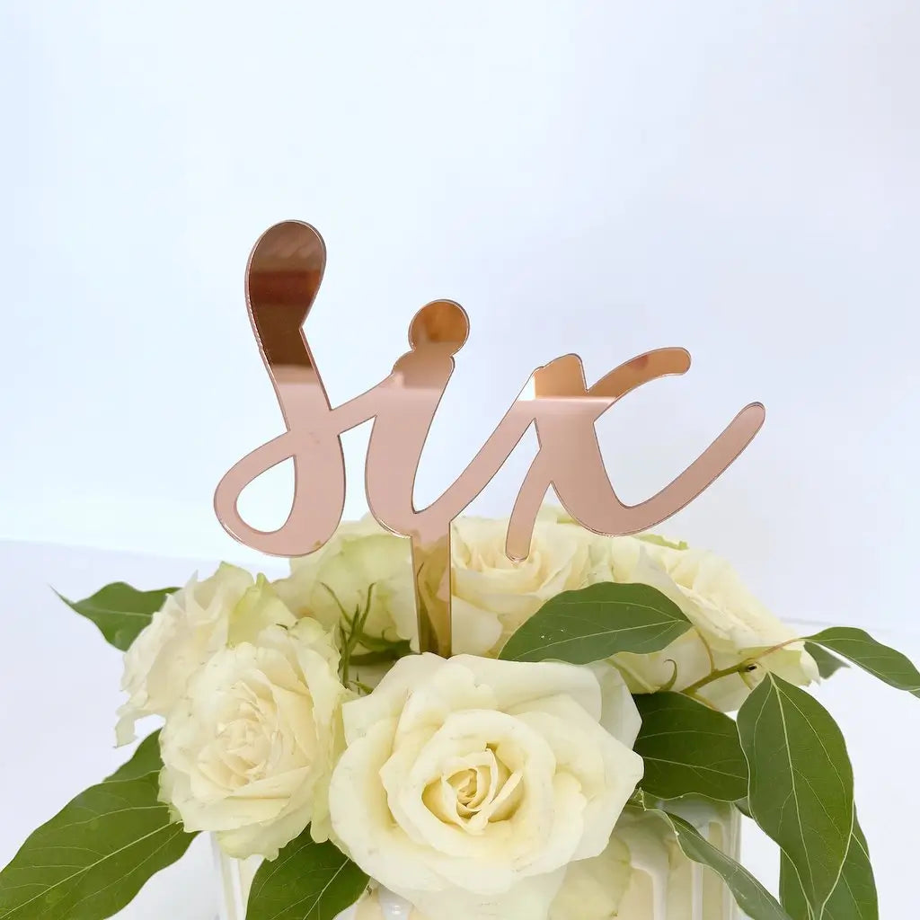 Acrylic Rose Gold Mirror 'six' Script Birthday Cake Topper