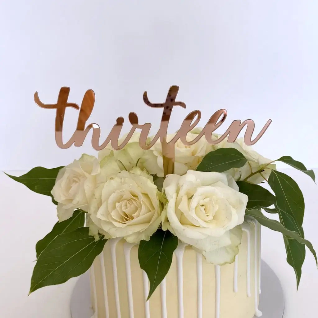 Acrylic Rose Gold Mirror 'Thirteen' Cake Topper - 13th Birthday Party Cake Decorations