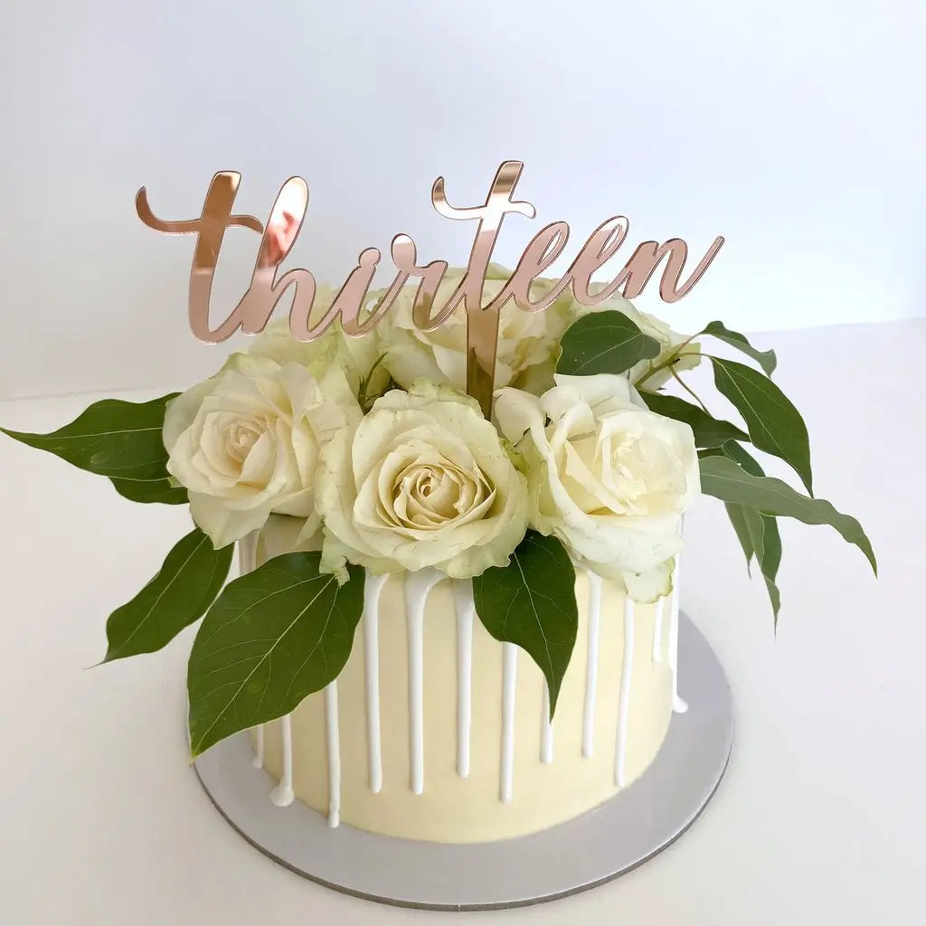 Acrylic Rose Gold Mirror 'Thirteen' Cake Topper - 13th Birthday Party Cake Decorations