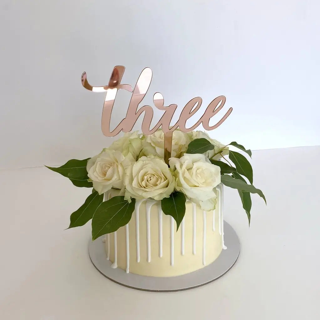 Acrylic Rose Gold Mirror 'Three' Birthday Cake Topper