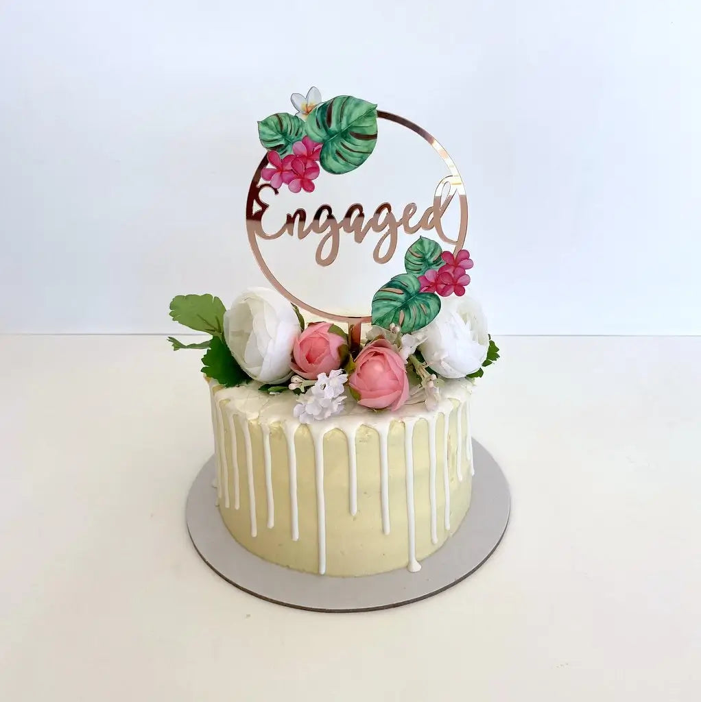 Acrylic Rose Gold Mirror Tropical Floral 'Engaged' Loop Bridal Wedding Engagement Cake Topper
