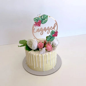 Acrylic Rose Gold Mirror Tropical Floral 'Engaged' Loop Bridal Wedding Engagement Cake Topper