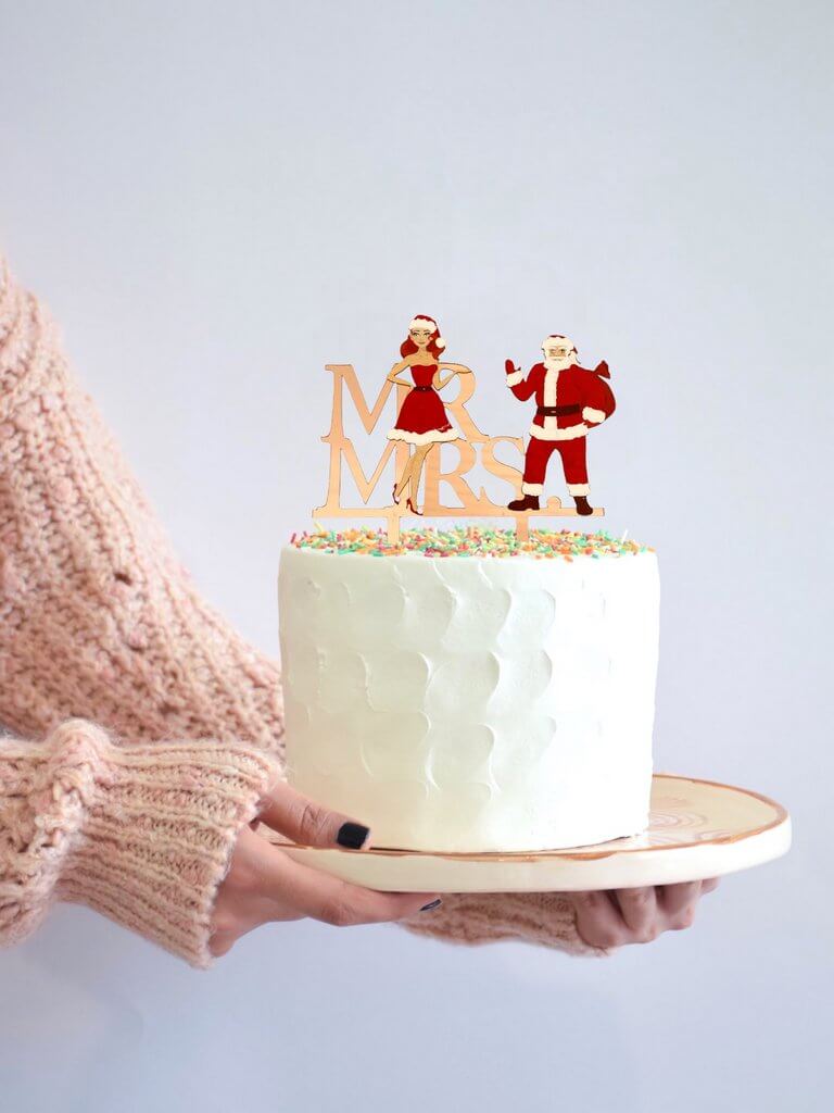 Acrylic Rose Gold Mirror 'Mr and Mrs' Santa Christmas Themed Wedding Engagement Bridal Shower Cake Topper
