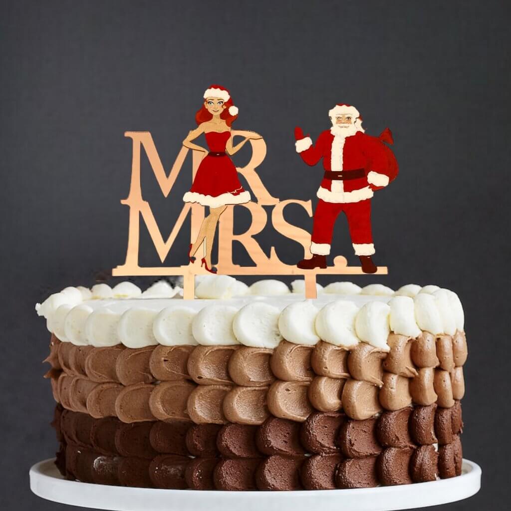 Acrylic Rose Gold Mirror 'Mr and Mrs' Santa Christmas Themed Wedding Engagement Bridal Shower Cake Topper