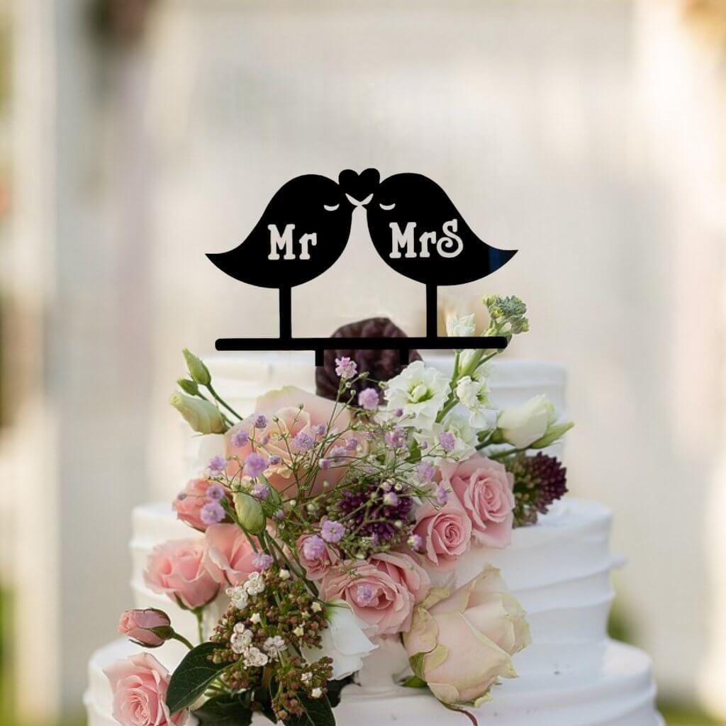 Black Acrylic Mr and Mrs Love Bird Wedding Cake Topper