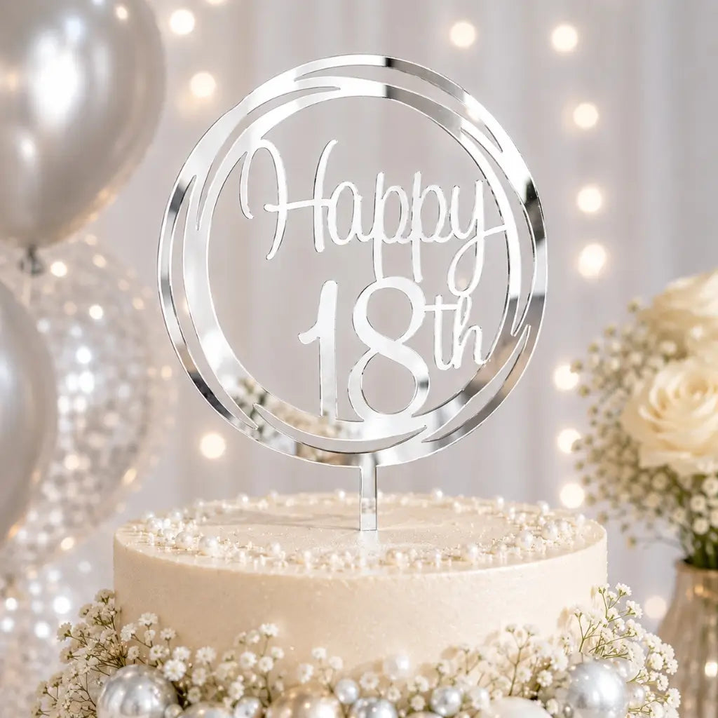 Acrylic Silver Geometric 'Happy 18th' Birthday Cake Topper